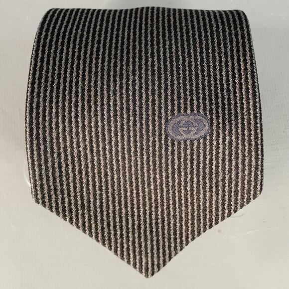 GUCCI Black Grey Stripe Silk Tie - Picture 1 of 4